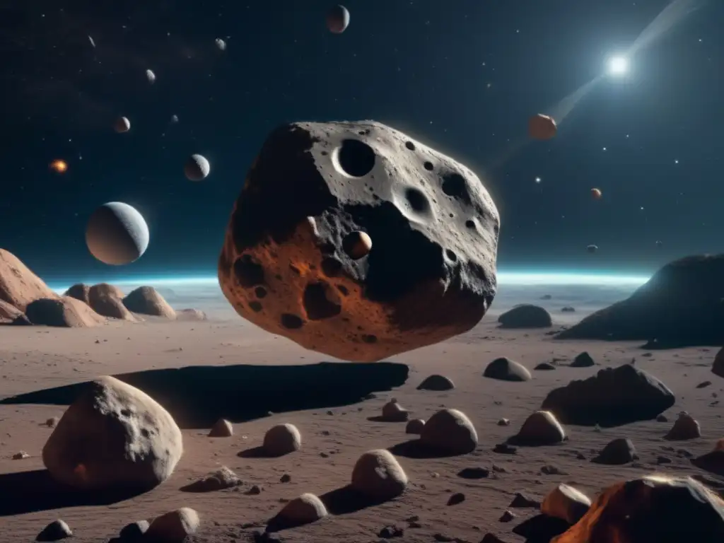 A stunning photorealistic image of 1993 HA2 orbiting in space, surrounded by a sea of asteroids