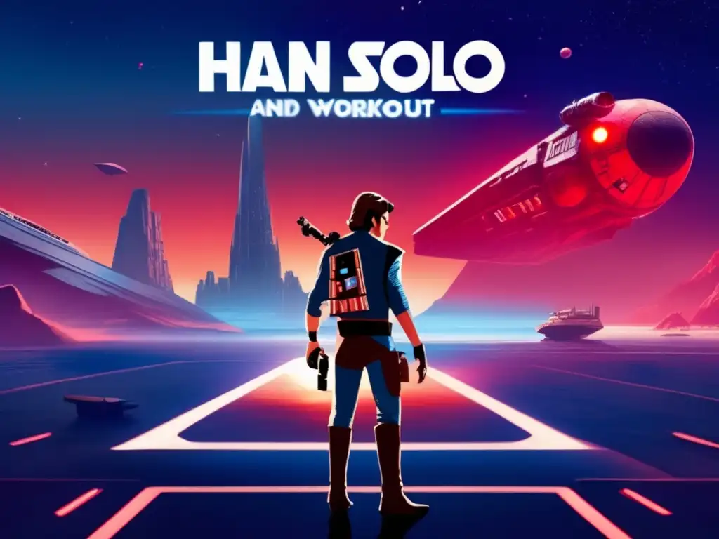 Han Solo stands bravely in front of a blue, hazy void, the looming red asteroid a stark reminder of his impending doom