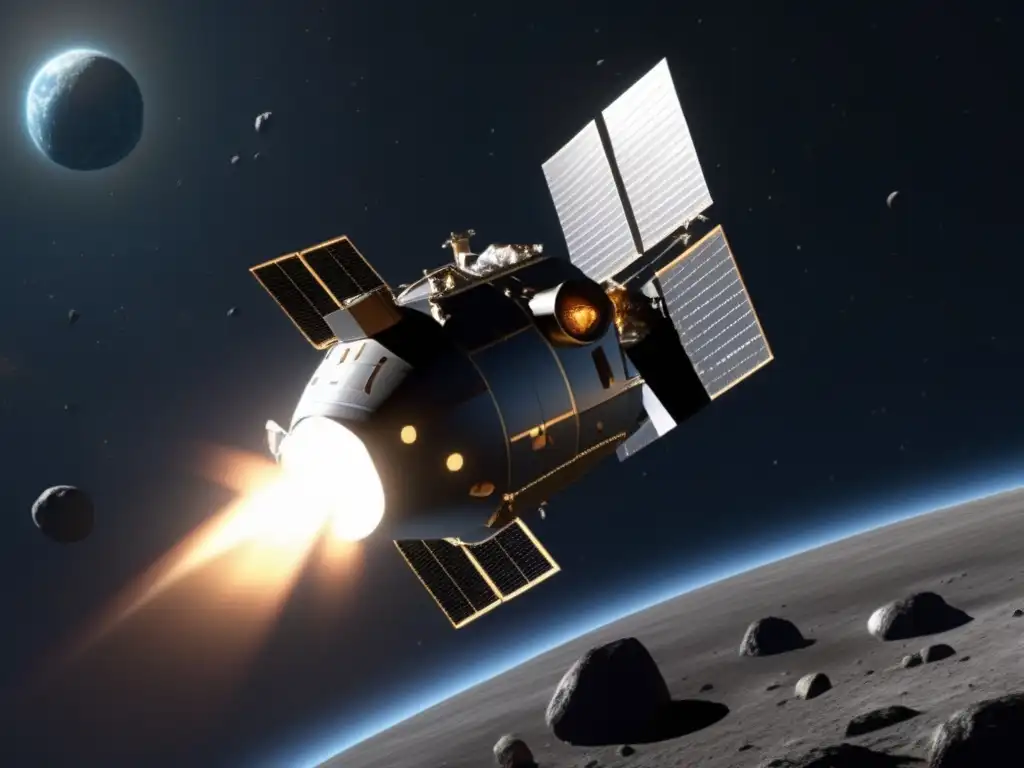 Hayabusa mission spacecraft descending mechanism - closer look at asteroid's surface - sunlight reflecting - scientific significance - space exploration photograph