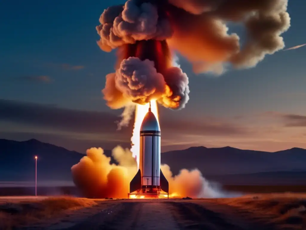 A rocket's journey to the unknown begins at a launch site, with its orange flames blazing against the still sky