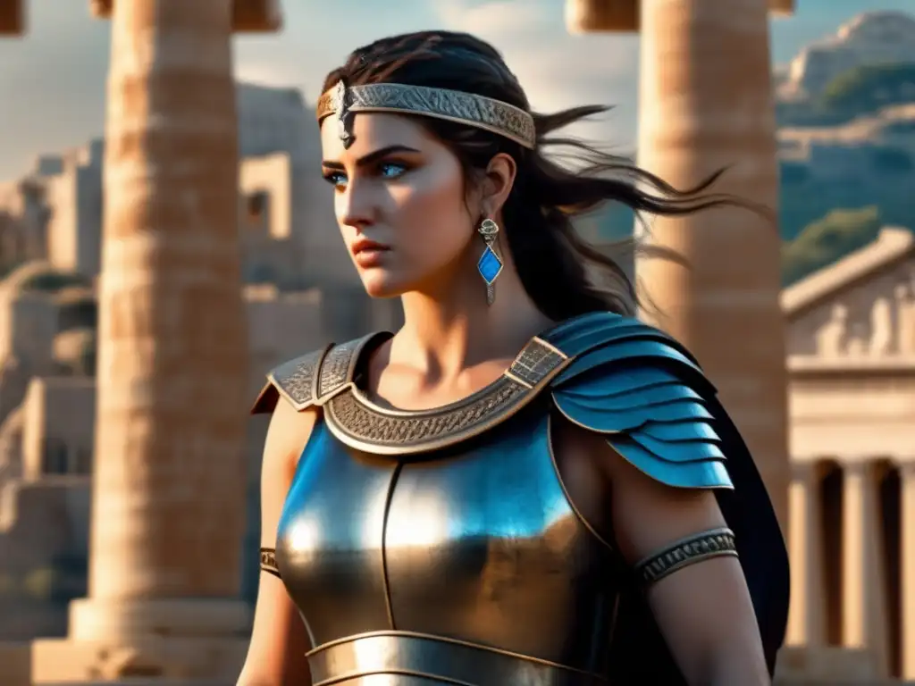 Hecuba in armor stands proudly on ancient Greece's ruins and columns, with piercing blue eyes and intricate armor