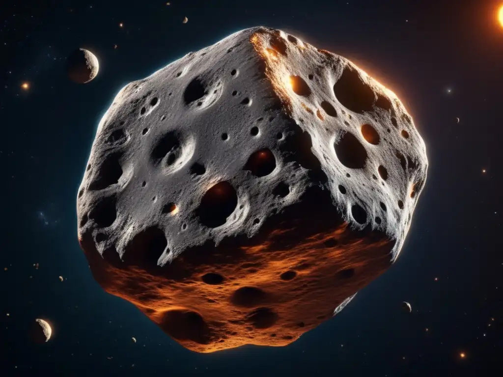 A breathtaking photorealistic depiction of asteroid 'Helio' in space, boasting intricate textures and illumination against a vast, dark background