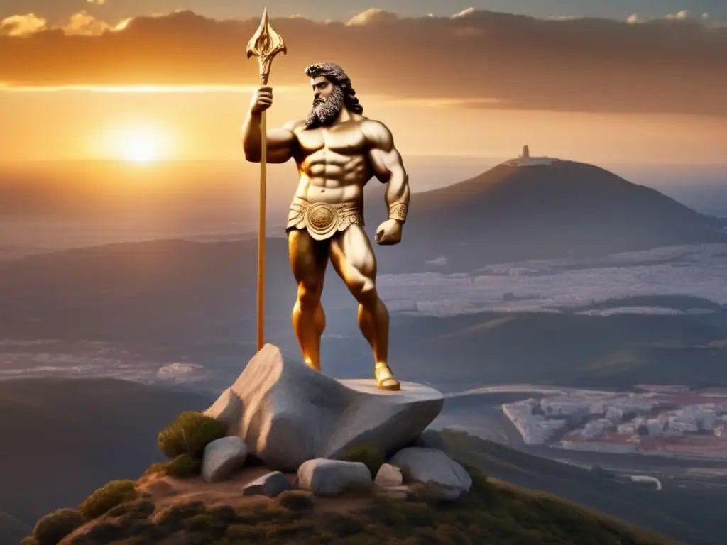 A majestic Hercules stands tall on a mountain peak, holding a golden club, basking in the sun's warm glow