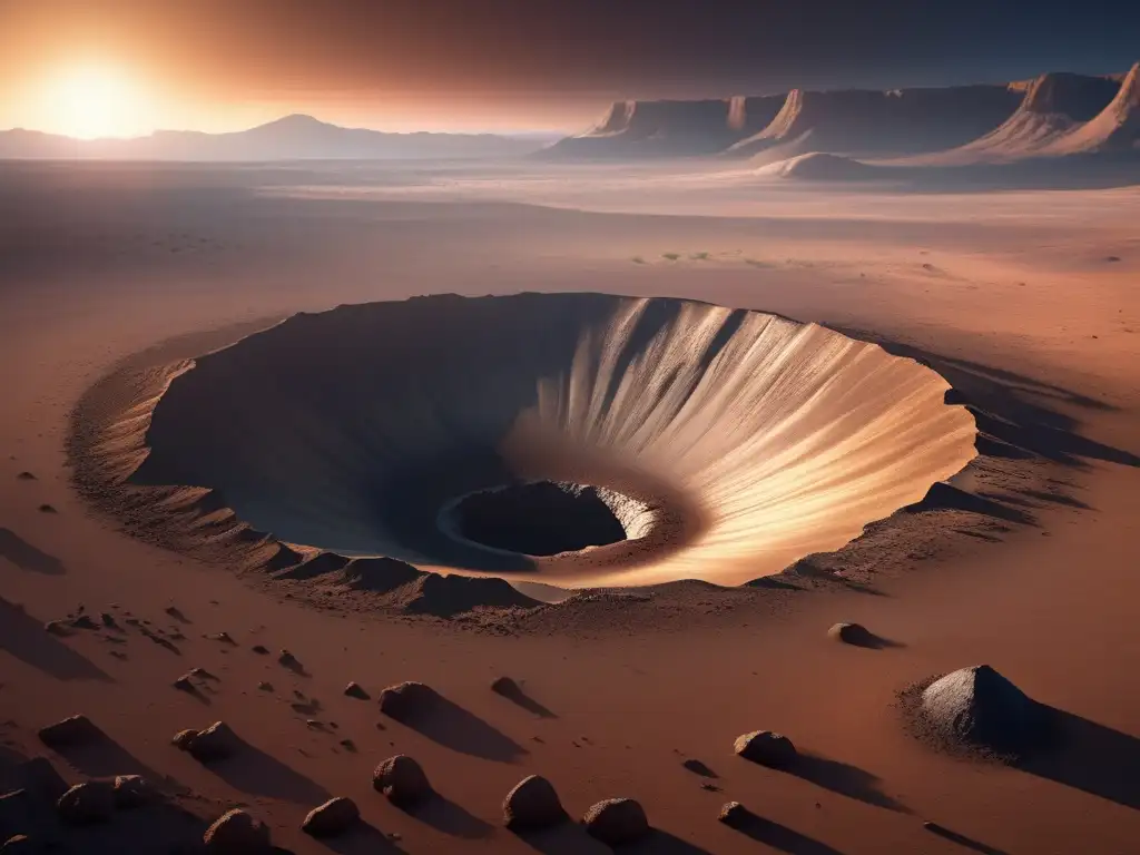 A stark, photorealistic image of a barren, earthlike landscape with a glint of sunlight reflecting off a hidden impact crater