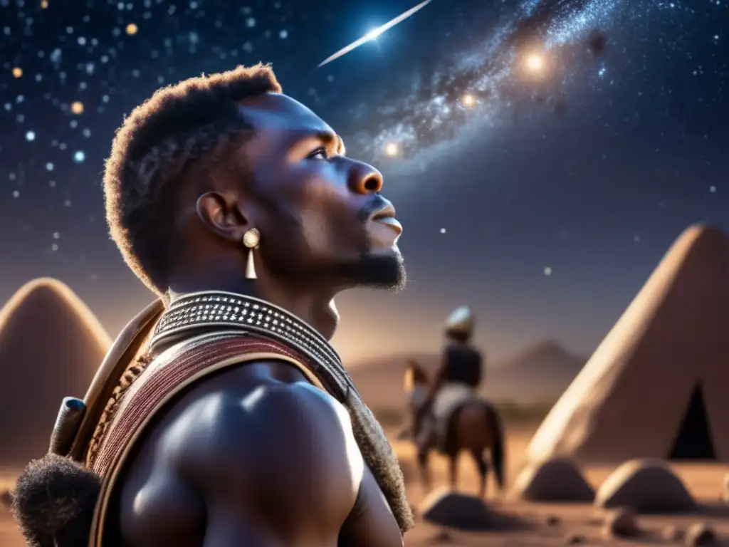 A captivating photo of a Zulu warrior admiring the night sky, his hands crossed in deep contemplation as he gazes into the vast expanse of space