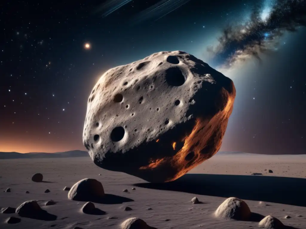 An 8k ultradetailed image captures the closeup of an asteroid with intricate texturing and pockmarking, surrounded by a field of stars and cosmic clouds in black space