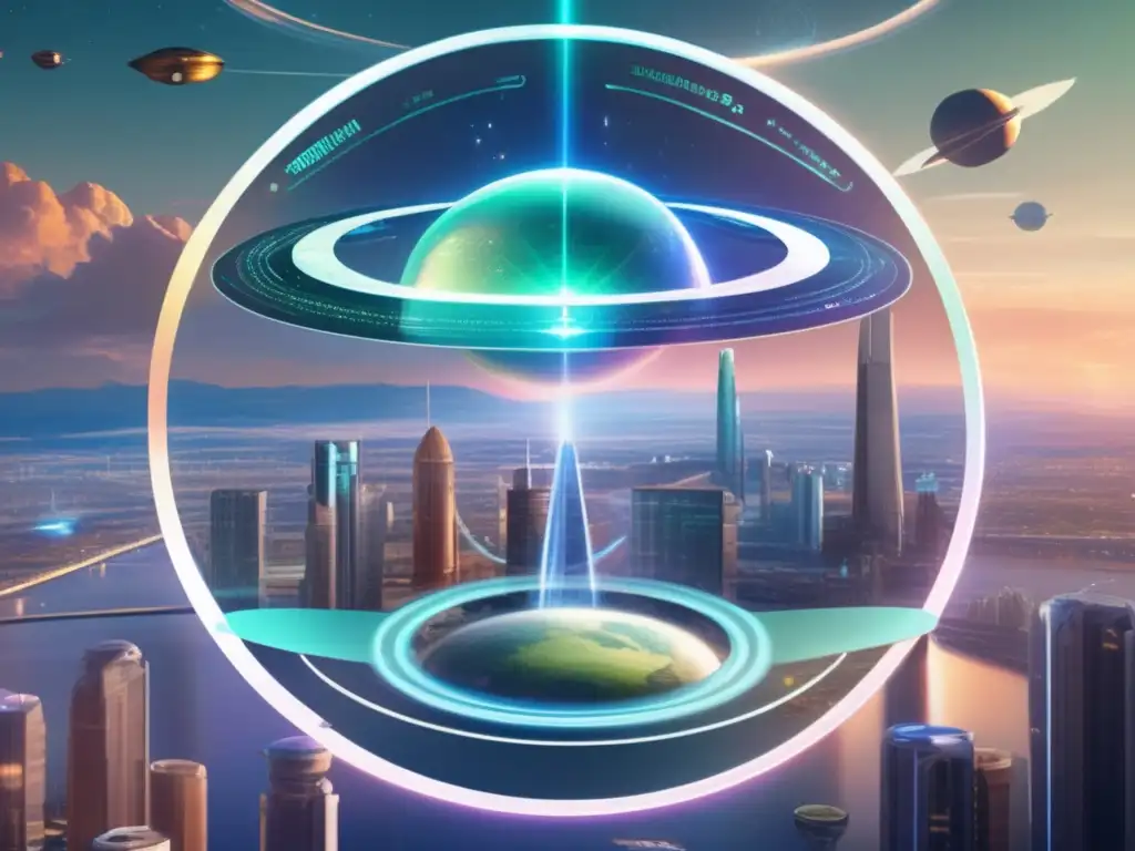 A futuristic, muted digital painting with a depiction of a circular holographic interface projected onto a celestial body schematic