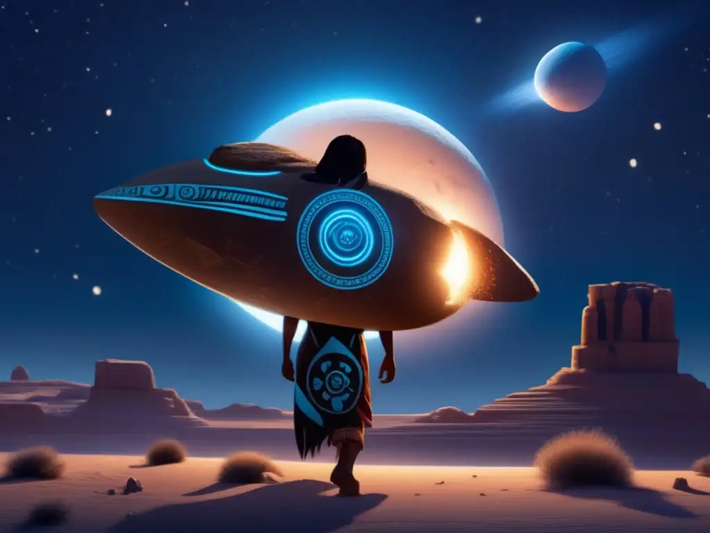 A mystical Hopi character bravely carries an otherworldly asteroid, radiating with an intense blue glow