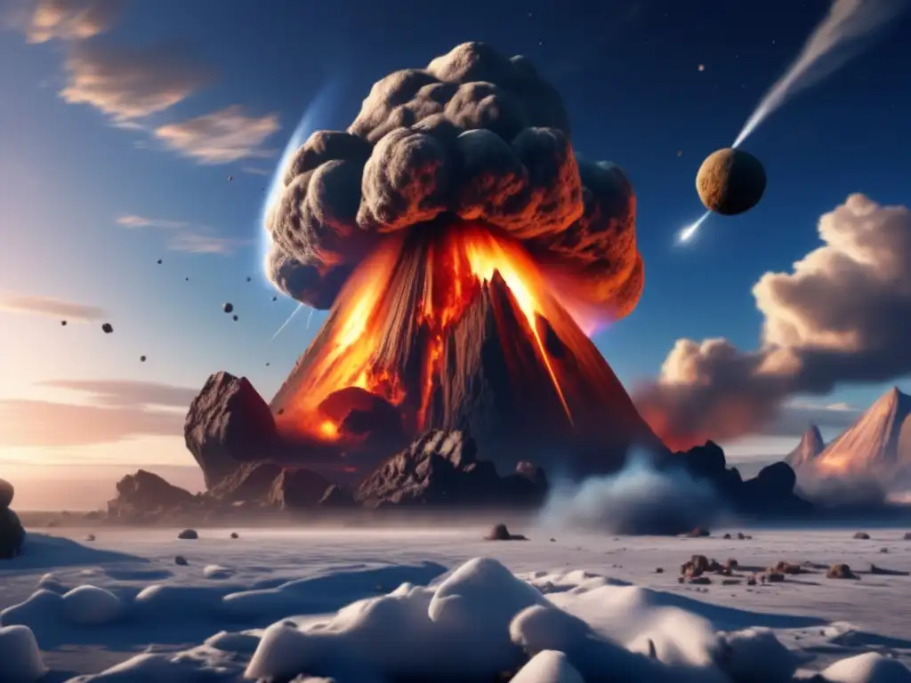 A haunting photorealistic image of an asteroid smashing into Earth during the Ice Age, causing chaos and destruction