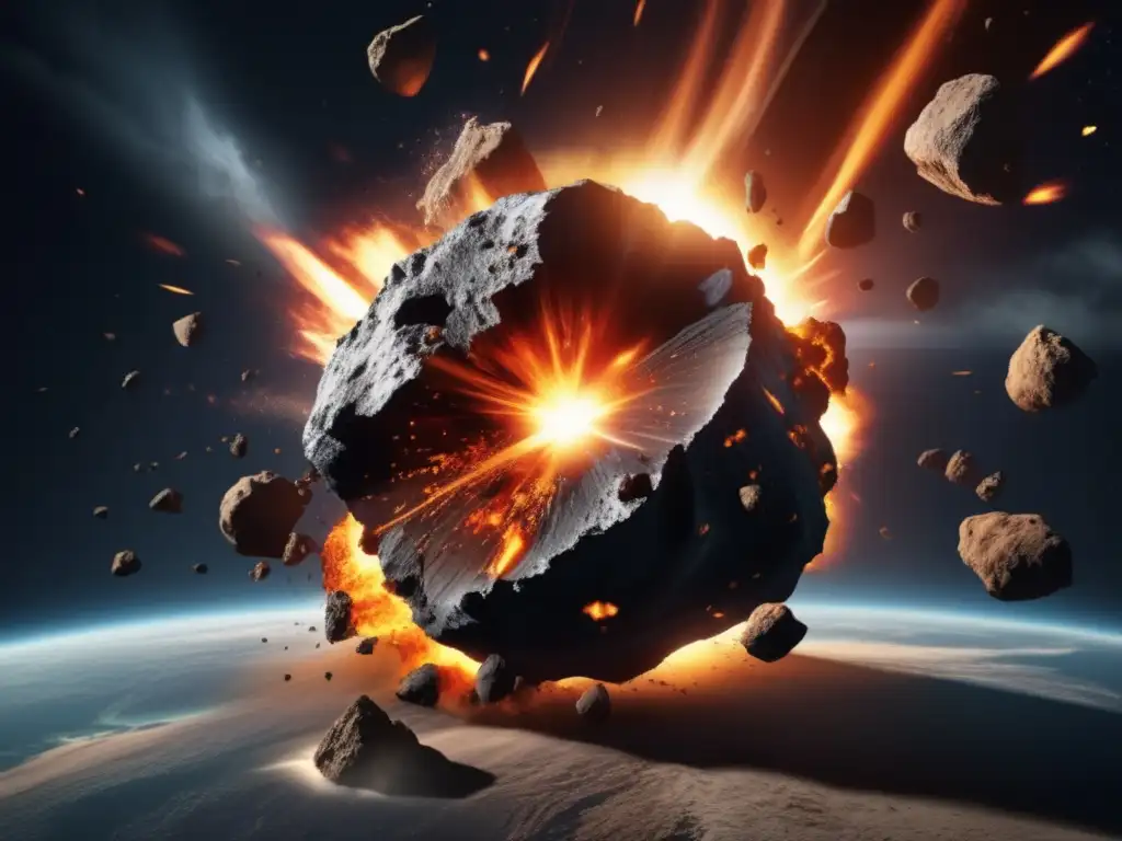 A photorealistic image of an asteroid colliding with the Earth, causing damage and waves of energy