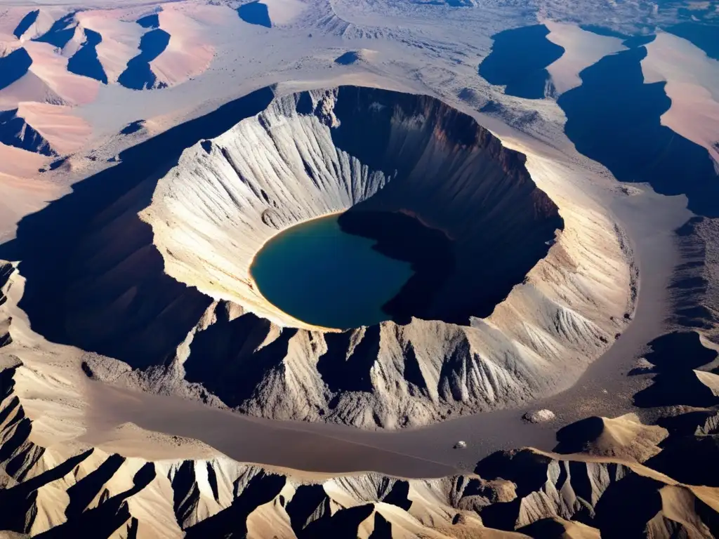 A breathtaking aerial view of an impact crater, surrounded by rugged mountainous walls and ejecta marks of various sizes and shapes, creates a photorealistic representation of the crater's formation within a large asteroid that has impacted a barren terrestriallike world-