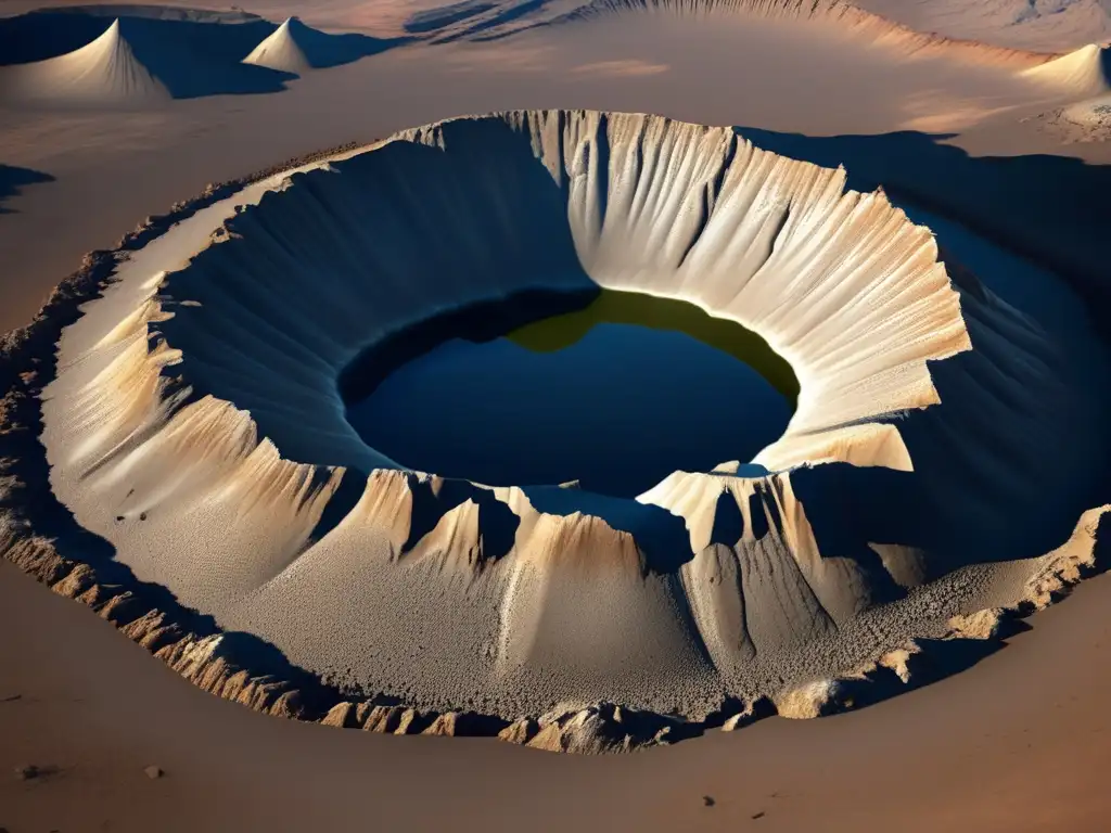 The image captures the raw power of an impact crater on a rocky terrain, with a deep hole extending downwards into the surface