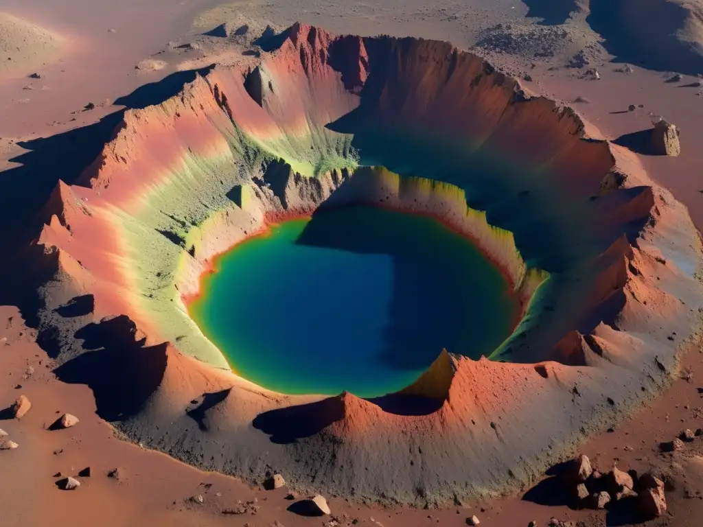 A stunning, -colored photograph of a mammoth impact crater, displaying jagged, complex crisscross of rocks and debris at its base