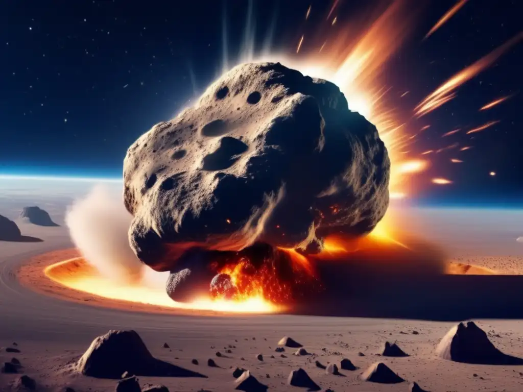 An incandescent asteroid descends upon the Earth's surface, igniting a cataclysmic explosion