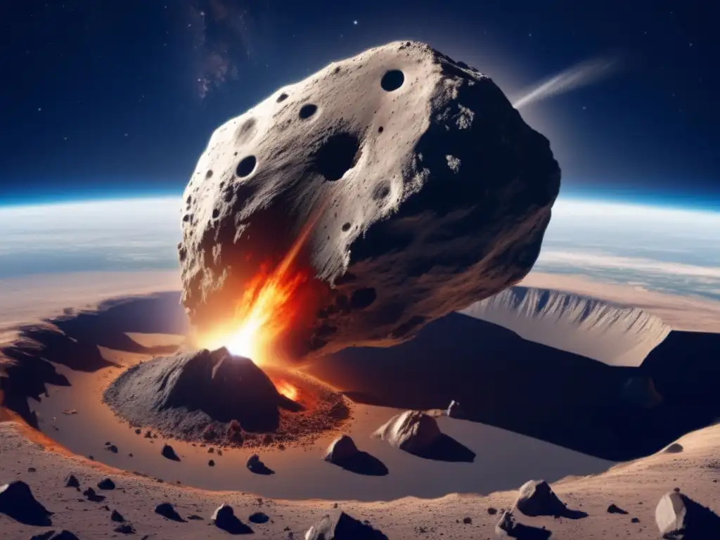 A massive asteroid violently collides with Earth, creating a catastrophic impact crater and scattering debris across the planet