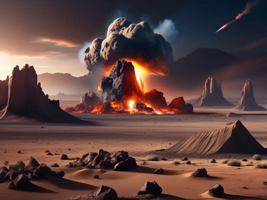 An apocalyptic scene unfolds as an asteroid impact ravages the desert landscape, causing debris and smoke to spread in every direction