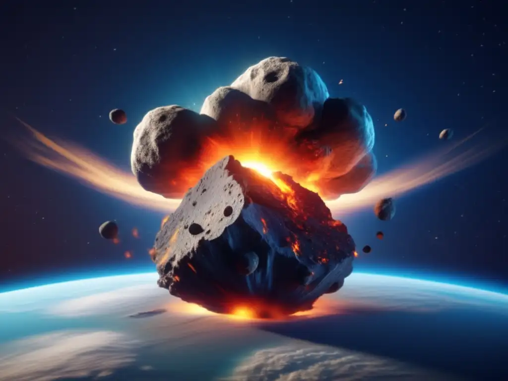 A spectacular 3D showdown: Asteroid meets Earth in a fiery collision, photorealistically rendered with atmospheric and environmental effects