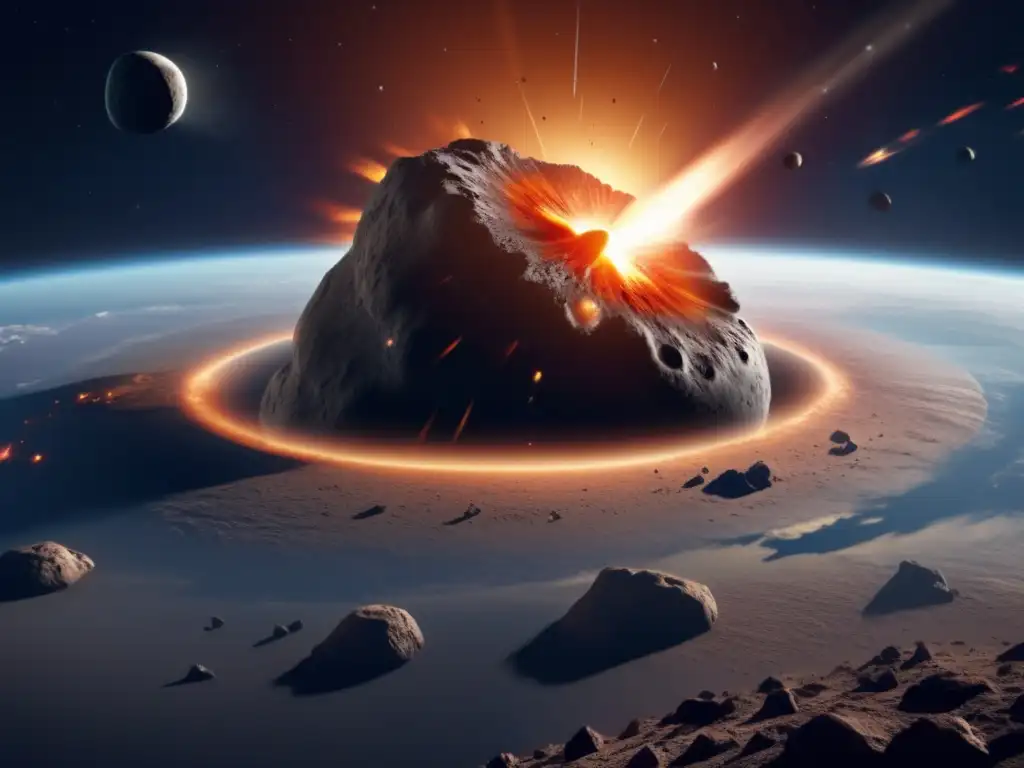Large asteroid descends towards Earth in photorealistic image, with jagged surfaces recognizable on impact and debris scattered far