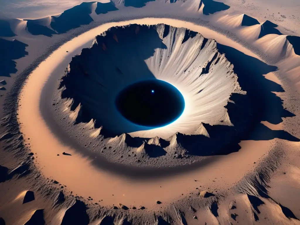 An aerial shot of a sprawling impact crater with a black hole at its heart, carving a jagged edge into the barren landscape