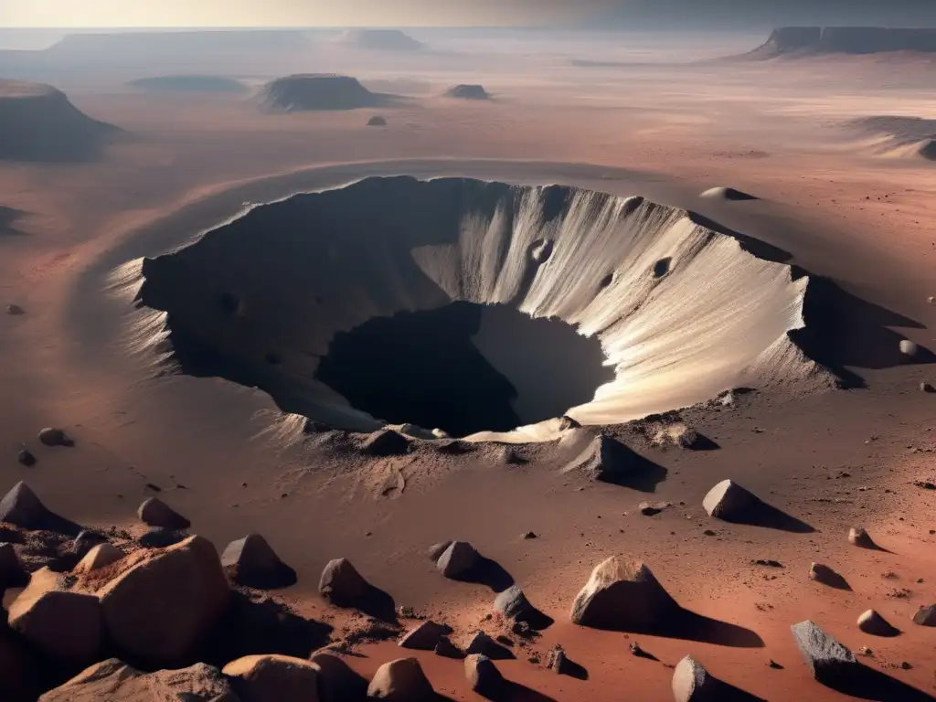 A stunning, photorealistic closeup of a deep impact crater surrounded by jagged rocks and debris