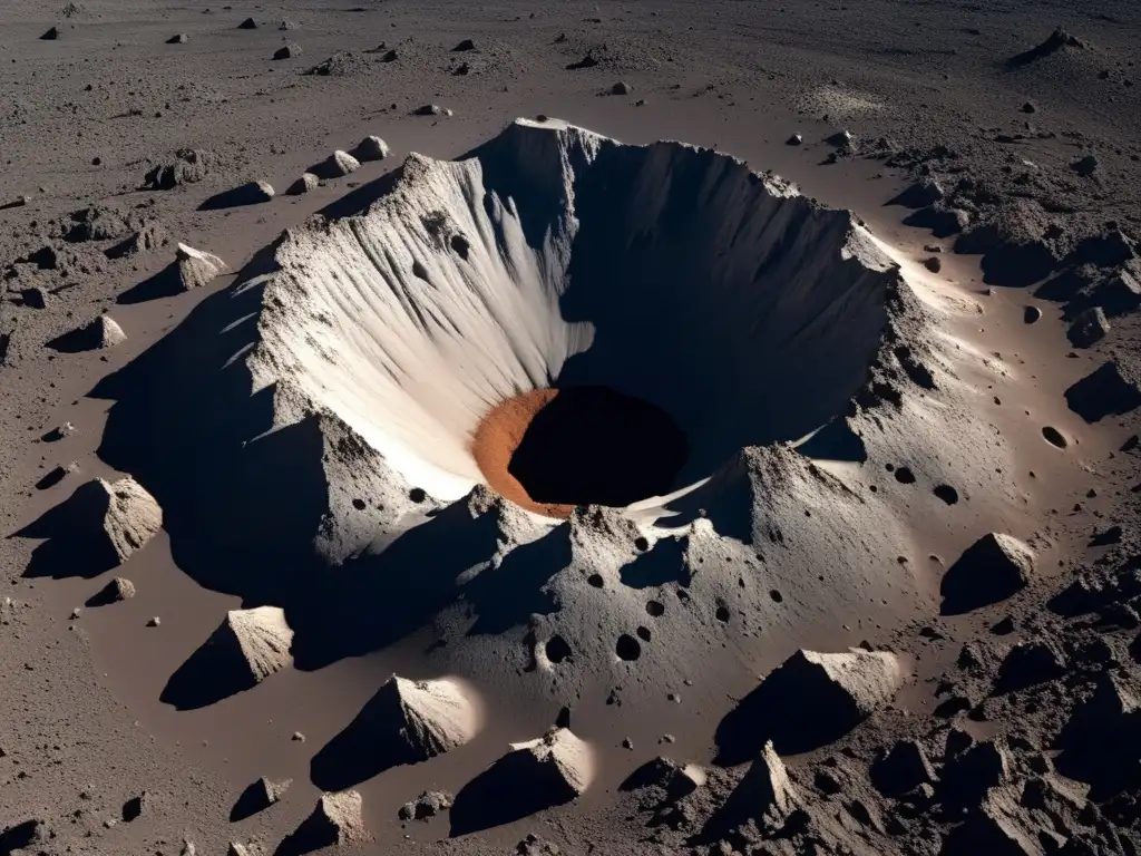 In this desolate landscape, a colossal impact crater dominates the scene, its molten rock eerily black against the surrounding mountain range