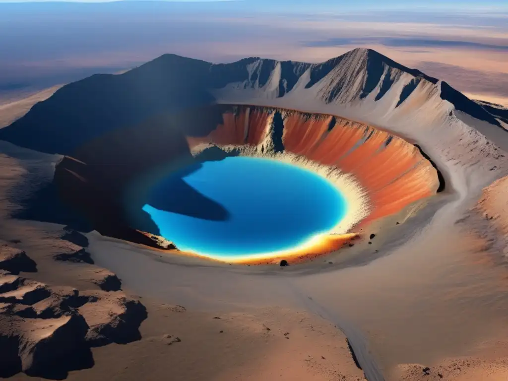   A stunning photorealistic image of a massive impact crater nestled in a rugged mountain landscape