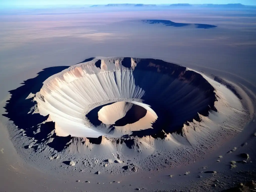 A breathtaking panoramic view of a large impact crater in a desert-like plain