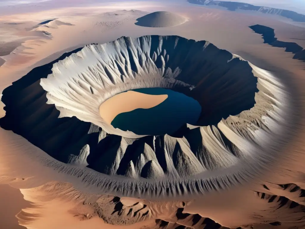 This photorealistic image captures the intricate detail and immense scale of a large impact crater on Earth