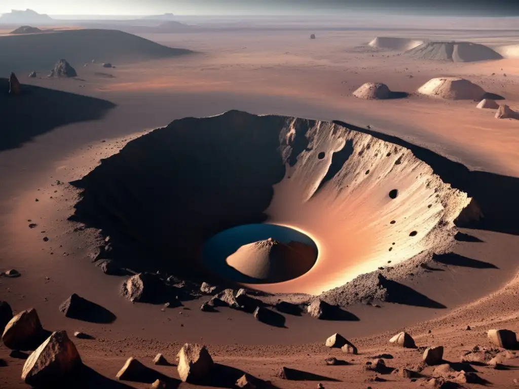 A stunning photorealistic depiction of an impact crater on a barren rocky planet, with jagged rock formations looming in the background