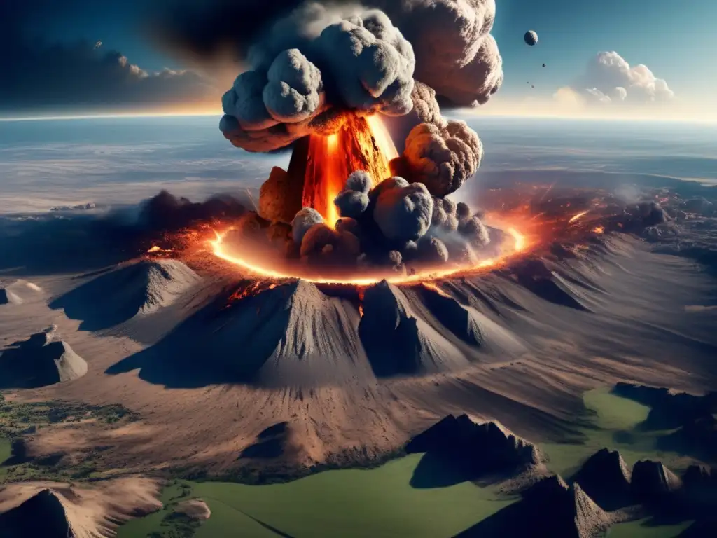 Photorealistic depiction of an asteroid impact on Earth with a bird's eye view, capturing the massive explosion's stark beauty and the long-term damage caused on the ground