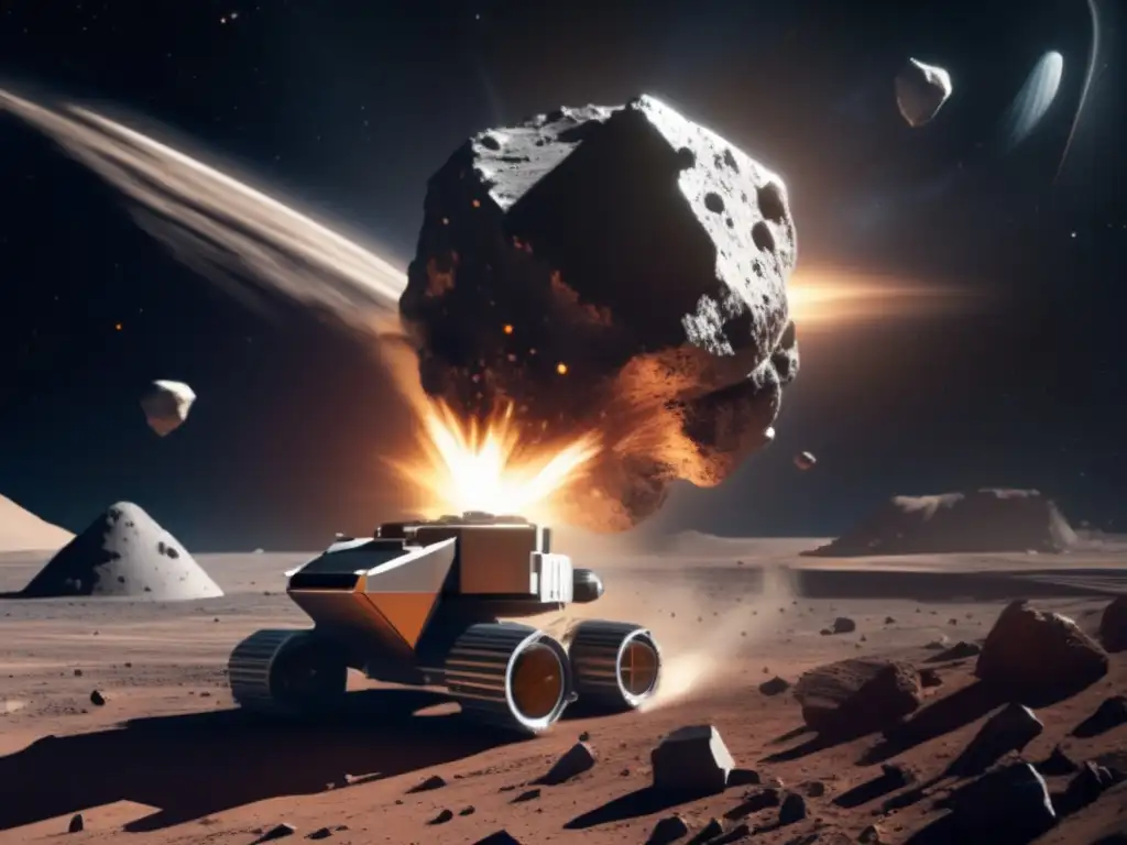 A thrilling photorealistic illustration of an asteroid mining spacecraft crashing into an asteroid, causing a dusty and chaotic atmosphere