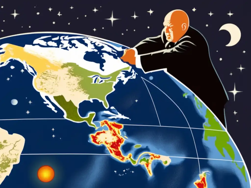 A haunting image of Soviet Premier Nikita Khrushchev standing over a ruined Earth, his shadow stretching across a map marked with an asteroid's path