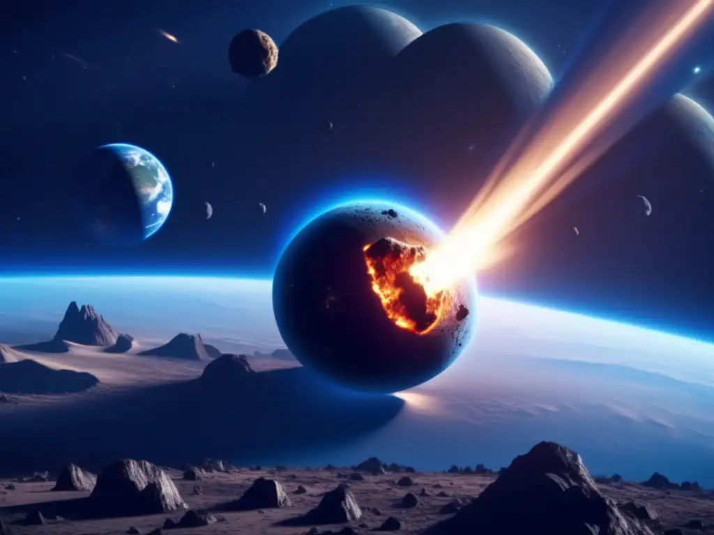 A photorealistic depiction of a blue planet struck by a celestial body, resembling a futuristic asteroid