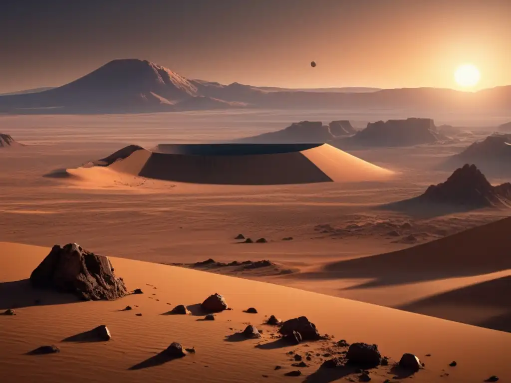 A stark and eerie image of a desert landscape, with a massive asteroid crater in the distance