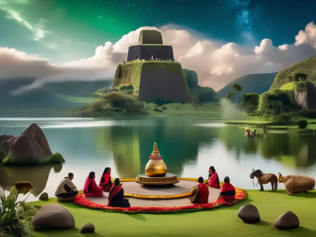 Incas priests performing rituals at a lush, green lake surrounded by towering peaks, under a starry sky filled with clouds and asteroids