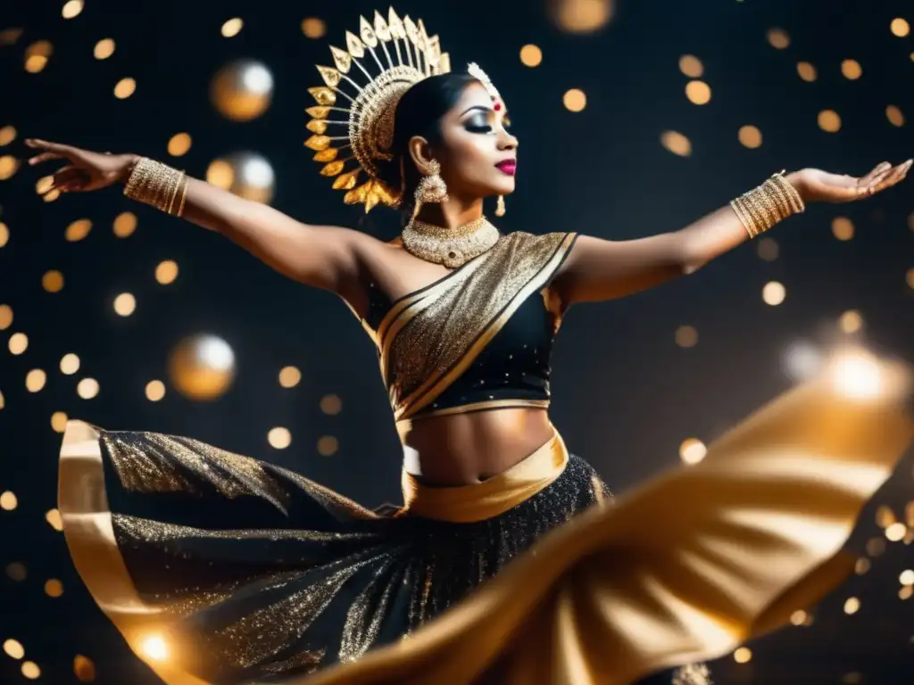 A mesmerizing depiction of a traditional Indian dancer in their black and gold costume, captures their stunning beauty and composure as they dance amidst a mystical environment of glistening asteroids against a black background