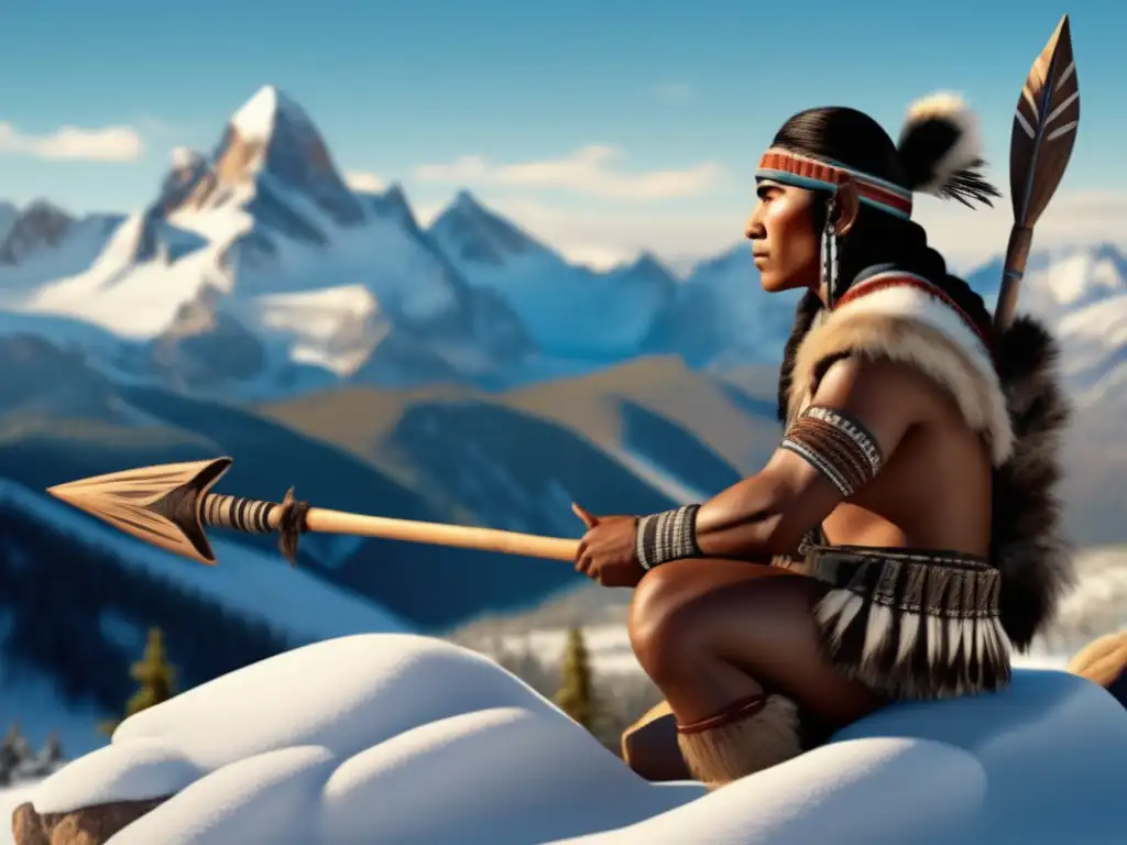 An indigenous warrior stands tall amidst the snow-capped peaks and blue sky, carved directly out of the rock