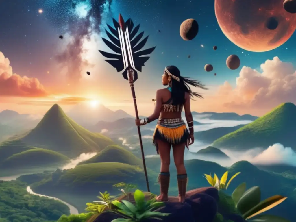 An indigenous Amazonian woman stands tall atop a mountain, gazing into the cosmos with asteroids visible in the sky