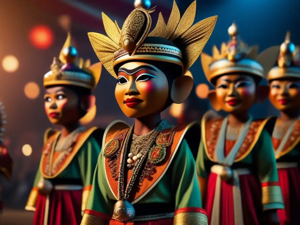 A photorealistic image captures the grandeur of a traditional Indonesian puppet show procession
