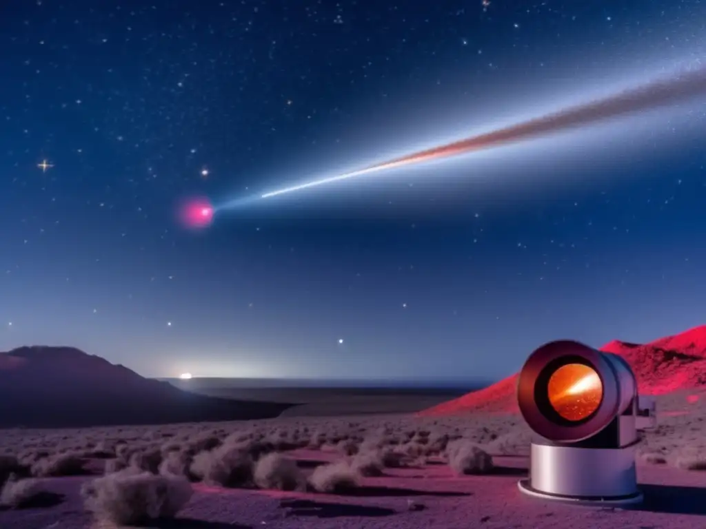 A determined infrared telescope studying the mysteries of the universe, its lens focused on a bright and vibrant asteroid in the distance