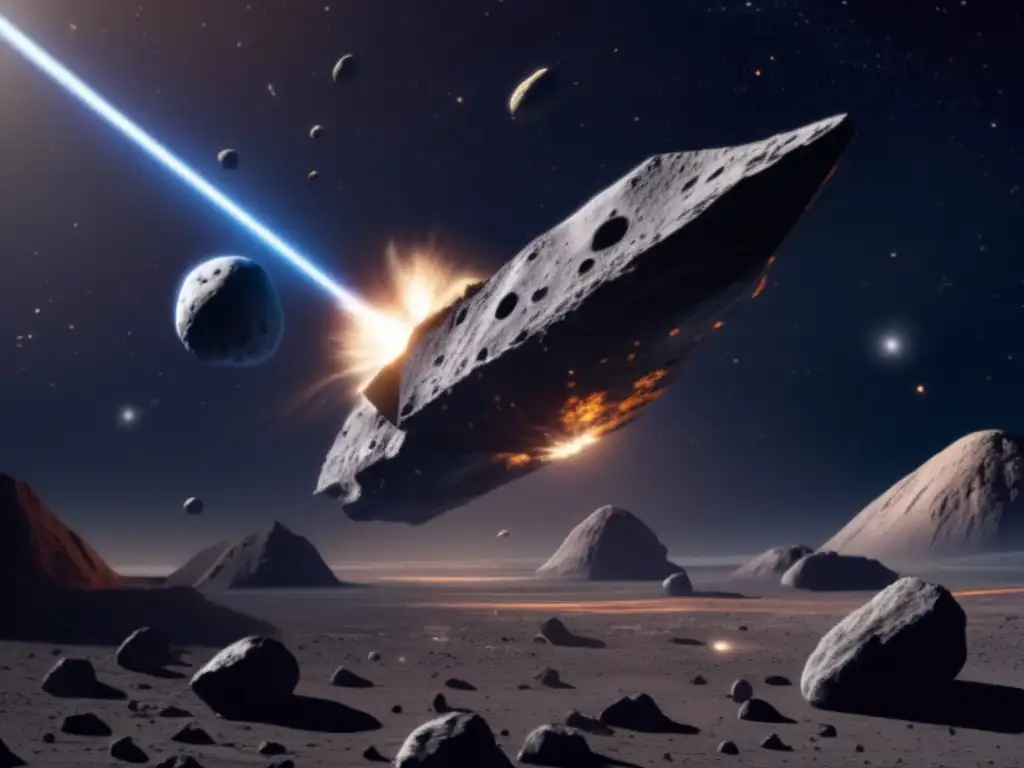 A spacecraft bravely face-offs against an impending asteroid