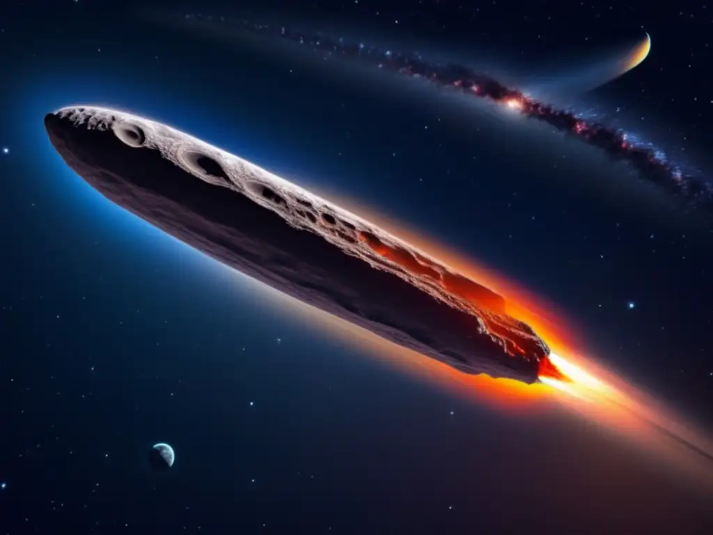 A photorealistic depiction of Oumuamua, the mysterious interstellar object, hovering near Earth