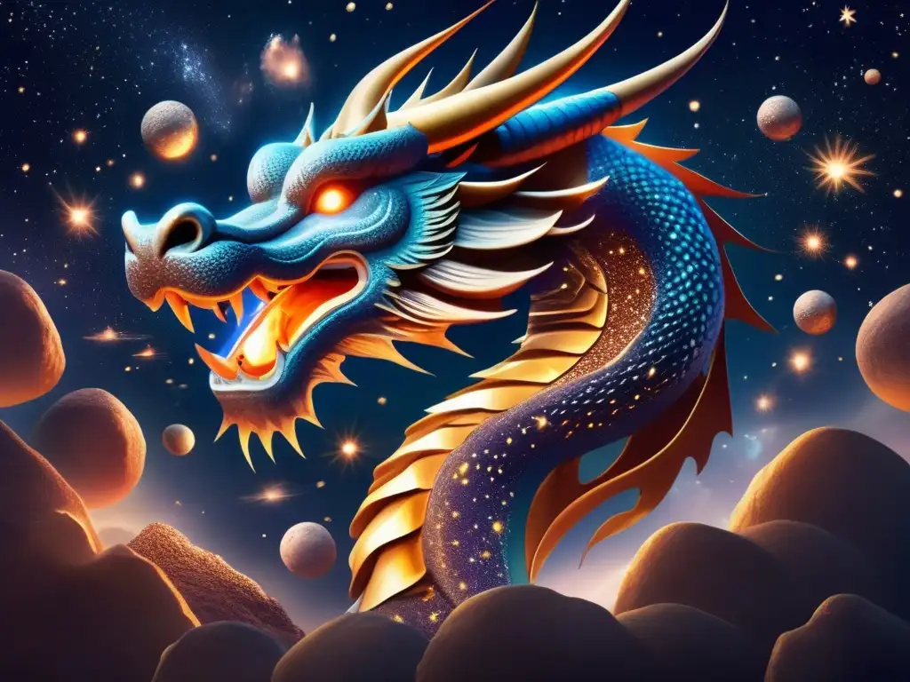 Cosmic dragon made of asteroids soars through space, illuminated by distant stars and filled with ancient wisdom and mysteries