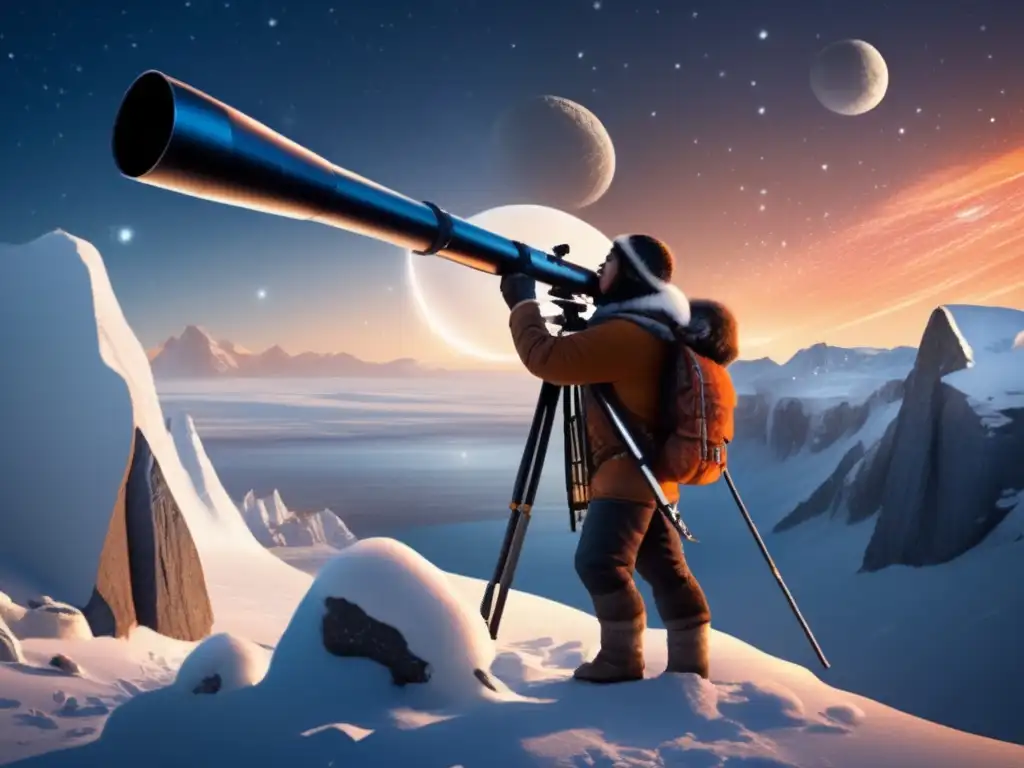 An Inuit hunter stands atop a snowy cliff, his eyes focused on a bright asteroid streaking across the sky