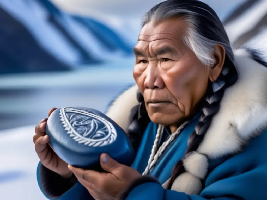 An intimate look at an Inuit elder's weathered face, holding a stone carving of a sky rock, steeped in ancient legends