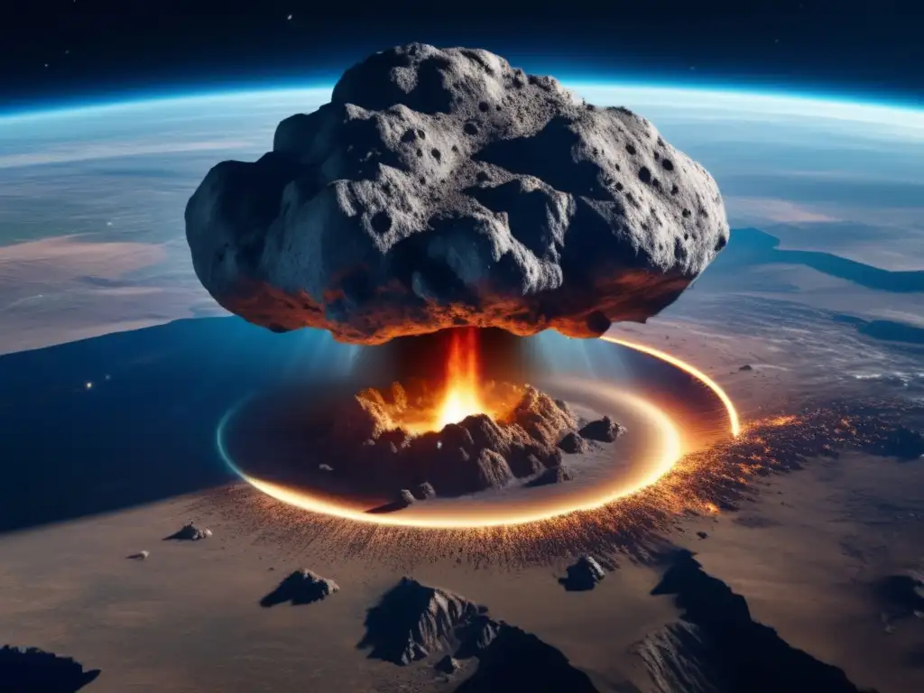 A massive asteroid impact forces its way through the Earth's atmosphere, leaving a trail of smoke and destruction behind