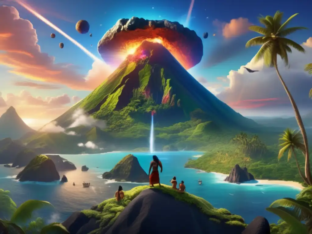 A breathtaking photorealistic image of a gigantic asteroid hovering over the Pacific Ocean, surrounded by towering volcanoes and lush vegetation