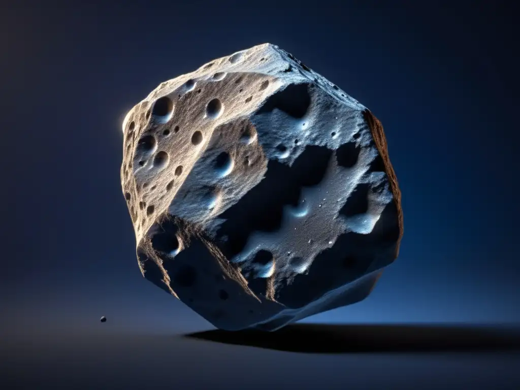 A stunning closeup of a tiny, rugged asteroid, illuminated from above and below, with intricate surface patterns and jagged edges, set against a deep blue-black backdrop