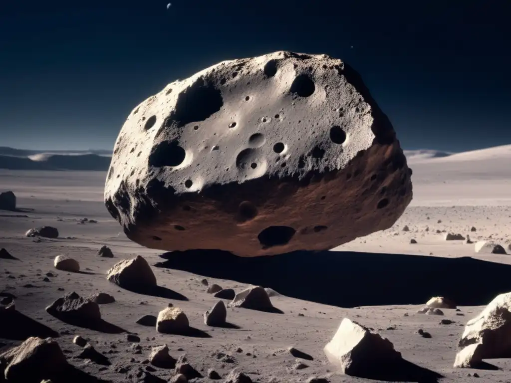 A closeup photograph of a large asteroid, its jagged surface illuminated by a bright light source