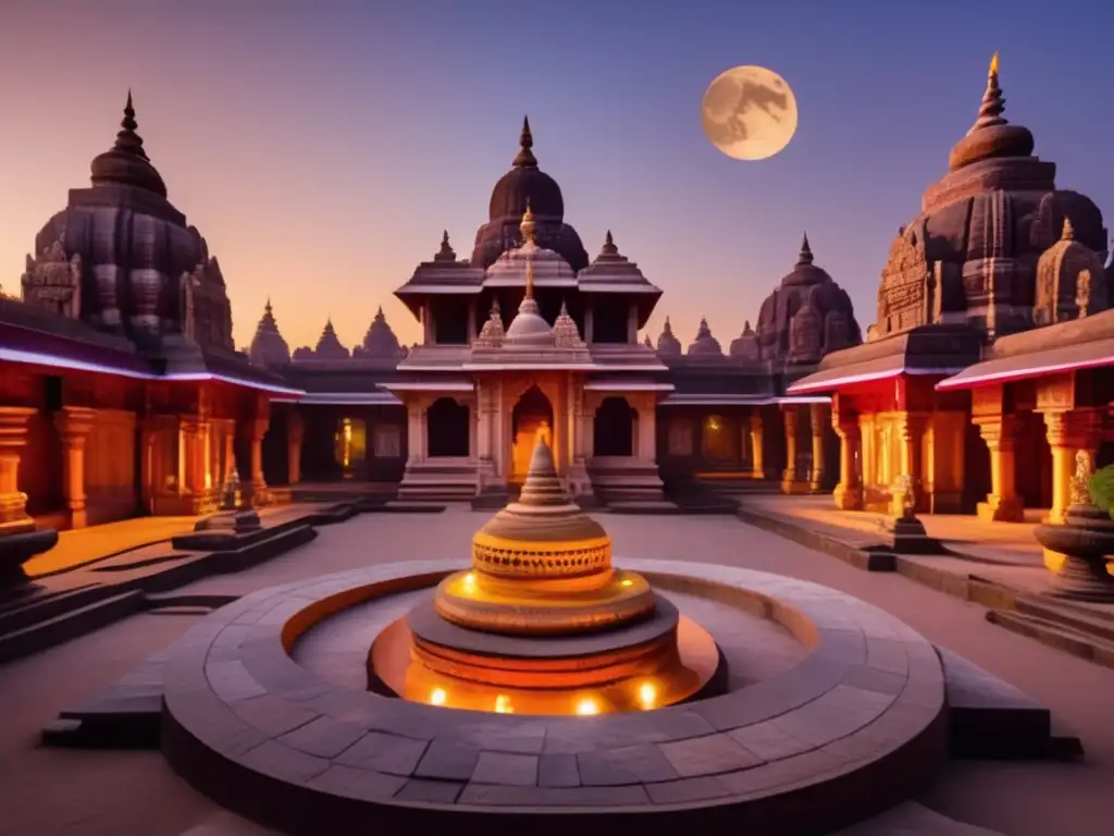 A serene Jain temple courtyard at dusk, lit by a glowing moon and bustling with activity